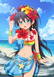 Rule 34 | 1girl, :o, antenna hair, arm support, arm up, bad id, bad pixiv id, bandeau, beach, bikini, black hair, blue eyes, blush, cloud, cowboy shot, day, earrings, fang, flower, flower necklace, ganaha hibiki, hair flower, hair ornament, hibiscus, hiiringu, idolmaster, idolmaster (classic), jewelry, long hair, looking at viewer, multicolored bikini, multicolored clothes, multicolored stripes, navel, necklace, ocean, outdoors, ponytail, sarong, shell, sky, starfish, striped, swimsuit, very long hair, wristband