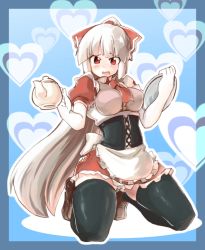 Rule 34 | 1girl, alternate costume, apron, ascot, bad id, bad pixiv id, black thighhighs, blue background, blunt bangs, blush, bow, breasts, cameltoe, corset, d:, embarrassed, enmaided, female focus, fujiwara no mokou, hair bow, heart, high ponytail, hip focus, kneeling, large breasts, loafers, long hair, looking at viewer, maid, maid apron, naka akira, open mouth, panties, pantyshot, ponytail, puffy sleeves, shoes, silver hair, skindentation, solo, spread legs, teapot, thighhighs, touhou, tray, underwear, upskirt, very long hair, waitress, white panties, wide hips, zettai ryouiki