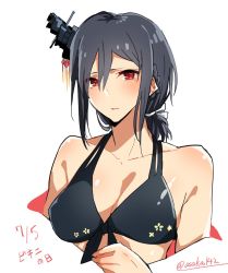 Rule 34 | 10s, 1girl, alternate costume, alternate hairstyle, asakawa (outeq), bad anatomy, bare shoulders, bikini, black bikini, black hair, blush, breasts, cleavage, collarbone, floral print, front-tie bikini top, front-tie top, hair ornament, hair ribbon, kantai collection, large breasts, looking at viewer, low ponytail, red eyes, ribbon, short hair, simple background, solo, swimsuit, translated, twitter username, upper body, white background, white ribbon, yamashiro (kancolle)