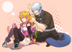 Rule 34 | 1boy, 1girl, ^^^, alternate hairstyle, animal ears, belt, black thighhighs, blue eyes, blue hair, blush, boots, brush, brushing, brushing another&#039;s hair, brushing hair, cat ears, cat tail, choker, collar, colorful m, facial mark, fire emblem, fire emblem: radiant dawn, hair between eyes, hair down, holding, holding own hair, indian style, jewelry, knees together feet apart, kyza, long hair, lyre (fire emblem), multicolored hair, nintendo, o-ring, o-ring belt, open mouth, orange hair, pendant, purple eyes, sitting, sweatdrop, tail, thighhighs, two-tone hair, white hair