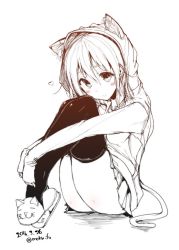 Rule 34 | 1girl, animal hood, ass, black thighhighs, blush, cat hood, cat slippers, cat tail, copyright request, heart, hood, knees up, legs together, long sleeves, looking at viewer, mokufuu, monochrome, simple background, sitting, skirt, slippers, smile, solo, tail, thighhighs, white background