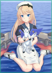 Rule 34 | 1girl, 1other, anger vein, blonde hair, blue eyes, blue sailor collar, dress, feathered wings, gloves, hat, highres, horizon, horse, jervis (kancolle), kantai collection, looking at viewer, machinery, ocean, pegasus, pout, sailor collar, sailor dress, sailor hat, short sleeves, sitting, wariza, water, white dress, white gloves, white hat, wings, yamikota