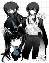 Rule 34 | 1girl, ado (utaite), black bow, black bowtie, black coat, black hair, black pants, blue eyes, blue flower, blue hair, blue rose, bow, bowtie, chando (ado), chibi, closed mouth, cloud nine inc, coat, coat on shoulders, collared shirt, colored inner hair, commentary, cropped legs, cropped torso, dress shirt, english text, flower, flower brooch, hashtag-only commentary, highres, long hair, long sleeves, looking at viewer, mole, mole under eye, multicolored hair, multiple views, pants, phossscinnn, rose, shirt, two-tone hair, upper body, utaite, white background, white shirt, wide sleeves
