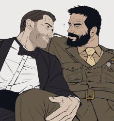 Rule 34 | 2boys, ?, alex mason, bara, beard stubble, black bow, black bowtie, blue eyes, bonjourdraws, bow, bowtie, brown jacket, call of duty, call of duty: black ops, eye contact, facial hair, feet out of frame, formal, frank woods, hand on another&#039;s leg, highres, jacket, leg up, looking at another, looking to the side, male focus, mature male, military uniform, multiple boys, mustache stubble, necktie, old, old man, seductive smile, shirt, short hair, side-by-side, smile, stubble, suit, thick eyebrows, thick mustache, uniform, wrinkled skin, yaoi