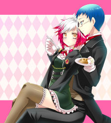Rule 34 | 1boy, 1girl, argyle, argyle background, argyle clothes, bad id, bad pixiv id, blue eyes, blue hair, brown thighhighs, candy, couple, eating, feeding, food, glasses, gloves, hubert ozwell, multicolored hair, official alternate costume, pascal (tales), pastry, peperonchiino, pink background, pink hair, short hair, sitting, sitting on lap, sitting on person, spoon, sweets, tales of (series), tales of graces, thighhighs, two-tone hair, white hair, yellow eyes