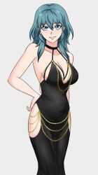 Rule 34 | 1girl, alisa (vallurite), alternate costume, bare arms, bare shoulders, black choker, black dress, blue eyes, blue hair, breasts, byleth (female) (fire emblem), byleth (fire emblem), chain, choker, cleavage, commentary, dress, english commentary, feet out of frame, fire emblem, fire emblem: three houses, gold chain, grey background, grin, highres, large breasts, long hair, looking at viewer, modakawa dress, nintendo, simple background, sleeveless, sleeveless dress, smile, solo, standing