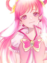 Rule 34 | 1girl, absurdres, ap (pixiv74197750), bow, closed mouth, collarbone, cure dream, earrings, floating hair, hair bow, hair rings, head tilt, highres, jewelry, long hair, looking at viewer, pink hair, pink vest, precure, purple eyes, short sleeves, simple background, smile, solo, upper body, vest, white background, white sleeves, yellow bow, yes! precure 5
