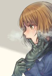 Rule 34 | 1girl, blush, brown hair, girls und panzer, glove in mouth, gloves, long sleeves, mouth hold, nishizumi miho, ooarai military uniform, short hair, simple background, solo, totonii (totogoya)