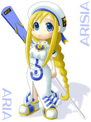 Rule 34 | 00s, 1girl, :&gt;, alicia florence, aria (manga), beret, blonde hair, blouse, blue eyes, braid, braided ponytail, character name, chibi, copyright name, dress, from above, full body, hat, looking at viewer, looking up, no nose, paddle, shirt, short sleeves, simple background, single braid, solo, standing, white background, white dress, white shirt, yaso shigeru