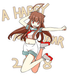Rule 34 | 1girl, 2018, ahoge, arm behind head, blunt bangs, brown eyes, brown hair, commentary request, english text, happy new year, highres, hikawa79, kantai collection, kuma (kancolle), long hair, midriff, navel, neckerchief, new year, open mouth, sailor collar, sailor shirt, shirt, shoes, short sleeves, shorts, sidelocks, solo, teeth, white background