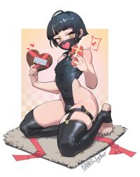 Rule 34 | 1boy, black hair, black leotard, black nails, black thighhighs, blunt bangs, blush, bulge, candy, cellphone, chocolate, chocolate heart, commentary, covered erect nipples, crossdressing, english commentary, food, hands up, heart, highleg, highleg leotard, highres, holding, kneeling, legs, leotard, male focus, mask, mouth mask, nail polish, no shoes, original, over-kneehighs, phone, red ribbon, ribbon, shiny clothes, shiny skin, short eyebrows, short hair, sidelocks, sin (sintrybest), sitting, skindentation, smartphone, solo, stirrup legwear, surgical mask, thick eyebrows, thick thighs, thigh strap, thighhighs, thighs, toeless legwear, toenail polish, toenails, toes, trap, twitter username, yellow eyes