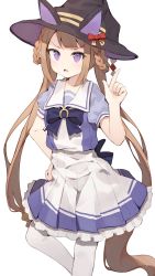 Rule 34 | 1girl, :o, blunt bangs, braid, braided hair rings, brown hair, hair rings, hand on own hip, hat, hat with ears, highres, horse tail, index finger raised, long hair, looking at viewer, pleated skirt, purple eyes, school uniform, shone, short sleeves, simple background, skirt, solo, sweep tosho (umamusume), tail, tracen school uniform, twintails, umamusume, v-shaped eyebrows, very long hair, white background, witch hat