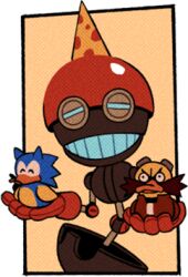 Rule 34 | blue eyes, border, digimin, dr. eggman, gloves, half-closed eyes, hands up, hat, holding, holding toy, lowres, no humans, objectification, official art, orbot, outside border, party hat, red gloves, robot, rubber duck, solo, sonic (series), sonic the hedgehog, the murder of sonic the hedgehog, toy, transparent border, yellow background, yellow hat