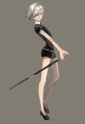 Rule 34 | 1other, absurdres, androgynous, arched back, black footwear, black shirt, black shorts, blouse, closed mouth, collared shirt, flats, from side, full body, goshenite (houseki no kuni), grey background, grey eyes, grey hair, hair over one eye, highres, holding, holding sword, holding weapon, houseki no kuni, light smile, long legs, looking at viewer, musshu (omu001), shirt, short hair, short sleeves, shorts, simple background, smile, solo, sword, tsurime, weapon, white shirt