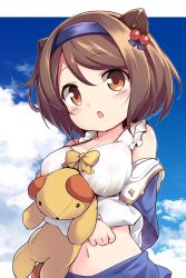 Rule 34 | 1girl, baku-p, blue hairband, blue jacket, blue skirt, blue sky, blush, bow, breasts, brown eyes, brown hair, cleavage, cloud, collarbone, commentary request, cropped jacket, day, draph, granblue fantasy, hair between eyes, hair bobbles, hair ornament, hairband, highres, horns, jacket, large breasts, long sleeves, looking at viewer, midriff, navel, hugging object, off shoulder, outdoors, parted lips, shirt, skirt, sky, solo, stuffed animal, stuffed toy, white shirt, yaia (granblue fantasy), yellow bow