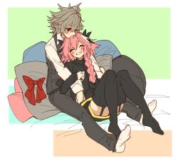 Rule 34 | 2boys, ^ ^, ahoge, arm on another&#039;s shoulder, astolfo (fate), black bow, black pants, black sweater, black thighhighs, blush, bow, braid, closed eyes, closed mouth, cuddling, dress shirt, fang, fate/apocrypha, fate (series), garter straps, grey hair, grey pants, grey vest, grin, hair bow, hair intakes, haoro, hug, large bow, long braid, long hair, long sleeves, male focus, messy hair, multicolored hair, multiple boys, no shoes, on pillow, pants, pillow, pink hair, red bow, red eyes, shirt, short hair, sieg (fate), single braid, sitting, smile, socks, streaked hair, sweater, thighhighs, trap, two-tone hair, vest, waistcoat, white hair, white shirt, white socks, yaoi