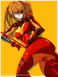 Rule 34 | 1girl, alternate costume, alternate eye color, alternate hairstyle, artist name, ass, ass focus, bamuth, bodysuit, breasts, brown hair, evangelion: 3.0 you can (not) redo, expressionless, eyepatch, green eyes, hair between eyes, highres, holding, holding weapon, huge ass, interface headset, lance, lance of longinus (evangelion), long hair, looking at viewer, lying, medium breasts, neon genesis evangelion, plugsuit, polearm, rebuild of evangelion, red bodysuit, redesign, shiny clothes, simple background, souryuu asuka langley, two side up, very long hair, weapon, wide hips