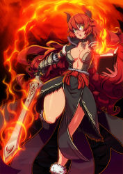 Rule 34 | 1girl, airomed, armor, asymmetrical clothes, book, borrowed character, breasts, choker, cleavage, collarbone, fire, fire, flaming sword, flaming weapon, horns, koi drake, large breasts, loincloth, long hair, looking at viewer, open book, red hair, running, sash, solo, standing, standing on one leg, sword, vambraces, weapon, yellow eyes