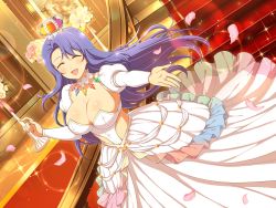 Rule 34 | 1girl, bare hips, blue hair, breasts, cleavage, crown, dress, extended hand, closed eyes, highres, jewelry, large breasts, long dress, long hair, long skirt, nachi (senran kagura), open mouth, petals, ring, rose petals, senran kagura, sideboob, skirt, smile, solo, stairs, white dress