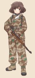 Rule 34 | 10s, 1girl, akiyama yukari, belt, bolt action, boots, brown background, brown eyes, brown footwear, brown gloves, brown hair, camouflage, camouflage jacket, camouflage pants, closed mouth, commentary request, frown, full body, girls und panzer, gloves, gun, holding, holding gun, holding weapon, jacket, long sleeves, looking at viewer, mauser 98, messy hair, pants, rifle, short hair, simple background, solo, standing, tactical clothes, uona telepin, utility belt, v-shaped eyebrows, weapon, weapon request