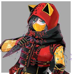 Rule 34 | 1girl, animal hood, animification, apex legends, black hair, cat hood, chinese commentary, covered mouth, glowing, glowing eyes, grey background, hellcat wraith, highres, holding, holding knife, hood, hood up, hooded jacket, jacket, knife, looking at viewer, official alternate costume, red jacket, red scarf, scarf, solo, wraith&#039;s kunai, wraith (apex legends), xiaoye ju er