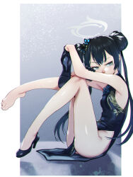 Rule 34 | 1girl, bare arms, bare legs, black hair, blue archive, breasts, butterfly hair ornament, chinese clothes, commission, double bun, dragon print, dress, grey eyes, hair bun, hair ornament, kisaki (blue archive), long hair, no panties, pelvic curtain, pixiv commission, side slit, sitting, sleeveless, sleeveless dress, small breasts, solo, soon (c-u-soon), twintails