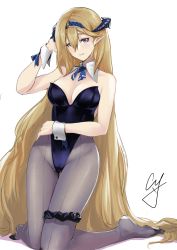 Rule 34 | 1girl, absurdres, arknights, bare arms, bare shoulders, black leotard, blonde hair, blue eyes, breasts, cleavage, commentary, cyk (cyk451), detached collar, female focus, grey pantyhose, hair between eyes, hand up, highres, horns, kneeling, leotard, long hair, looking at viewer, medium breasts, no shoes, nontraditional playboy bunny, pantyhose, pointy ears, saileach (arknights), simple background, solo, strapless, strapless leotard, thighs, very long hair, white background, wrist cuffs
