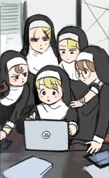 Rule 34 | 5girls, asymmetrical bangs, black headwear, blonde hair, brown hair, clumsy nun (diva), computer, contemporary, diva (hyxpk), froggy nun (diva), glasses nun (diva), habit, highres, indoors, laptop, little nuns (diva), multiple girls, nun, spicy nun (diva), strict nun (diva), table, tagme, traditional nun, watch