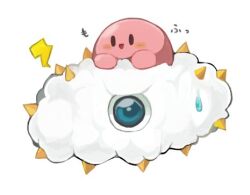 Rule 34 | :d, black eyes, blue eyes, cloud, htn nm, kirby, kirby (series), kracko, lowres, nintendo, no humans, one-eyed, open mouth, riding, simple background, smile, solid oval eyes, spikes, sweatdrop, white background