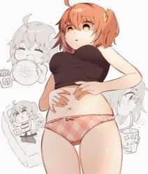 Rule 34 | 1girl, ahoge, bag of chips, beige panties, belly, belly grab, bow, bow panties, burger, chaldea uniform, chibi, chips (food), chopsticks, command spell, cup ramen, eating, fast food, fate/grand order, fate (series), food, french fries, fujimaru ritsuka (female), hair ornament, hair scrunchie, highres, holding, holding chopsticks, instant ramen, mcdonald&#039;s, nijiomu, noodles, one side up, orange eyes, orange hair, panties, plaid, plaid panties, potato chips, ramen, scrunchie, side ponytail, smile, snack, solo, underwear, weight conscious, yellow scrunchie