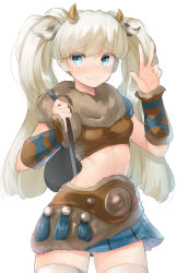 Rule 34 | 1girl, animal ears, backpack, bag, belt, blonde hair, blue eyes, blue skirt, blush, breasts, cow ears, cow horns, eyes visible through hair, gluteal fold, highlander (tree of savior), highres, horns, long hair, looking at viewer, midriff, naso4, parted lips, simple background, skirt, small breasts, smile, solo, swordman (tree of savior), thighhighs, thighs, tree of savior, v, white background, white thighhighs, zettai ryouiki