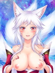 Rule 34 | 1girl, ahri (league of legends), animal ears, arms up, artist name, bare shoulders, blush, grabbing another&#039;s breast, breasts, burbur, cleavage, detached sleeves, embarrassed, facial mark, fangs, fingernails, fox ears, fox tail, grabbing, groping, kitsune, korean clothes, large breasts, league of legends, long hair, looking at viewer, multiple tails, nail polish, nipples, open mouth, red eyes, simple background, solo, tail, watermark, web address, whisker markings, white hair
