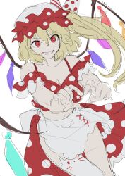 Rule 34 | 1girl, alternate costume, apron, blonde hair, bow, breasts, bright pupils, cleavage, clenched teeth, collarbone, cowboy shot, crystal wings, flandre scarlet, flat color, grin, hands up, hat, heart, heart hands, highres, himuhino, internet survivor, long hair, looking at viewer, medium breasts, mob cap, red eyes, side ponytail, sketch, slit pupils, smile, solo, teeth, thighhighs, touhou, white bow, white hat, white pupils, white thighhighs