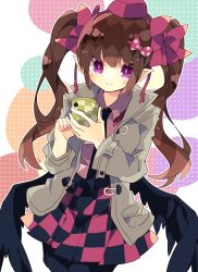 Rule 34 | 1girl, bird wings, black necktie, black skirt, black thighhighs, black wings, bow, brown coat, brown hair, checkered clothes, checkered skirt, coat, collared shirt, commentary, cowboy shot, frilled shirt collar, frills, hair bow, hat, highres, himekaidou hatate, holding, holding phone, long hair, long sleeves, looking at viewer, necktie, nikorashi-ka, one-hour drawing challenge, open clothes, open coat, phone, pointy ears, purple bow, purple hat, purple shirt, purple skirt, shirt, skirt, smile, solo, thighhighs, tokin hat, touhou, twintails, wings
