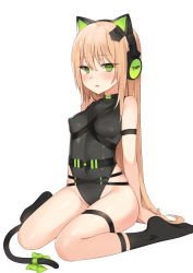 Rule 34 | 1girl, animal ear headphones, animal ears, bad id, bad pixiv id, bare shoulders, black choker, black leotard, black socks, blush, breasts, canape (canape0130), cat ear headphones, cat ears, cat girl, cat tail, character name, choker, covered collarbone, covered erect nipples, covered navel, fake animal ears, full body, girls&#039; frontline, green eyes, groin, hair between eyes, headphones, highleg, highleg leotard, leotard, light brown hair, long hair, looking at viewer, no shoes, parted lips, simple background, sitting, skindentation, small breasts, socks, solo, sweat, tail, thigh strap, tmp (girls&#039; frontline), very long hair, wariza, white background