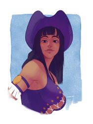 Rule 34 | 1girl, armlet, black hair, blue background, blue eyes, blunt bangs, commentary, cowboy hat, crop top, cropped torso, cross-laced clothes, cross-laced top, english commentary, from below, hat, highres, light smile, lilcan ok, looking at viewer, looking down, medium hair, nico robin, nico robin (alabasta), one piece, purple hat, purple shirt, shirt, sleeveless, solo, twitter username