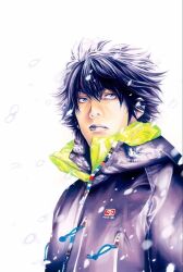 Rule 34 | 1boy, black hair, blue eyes, blue sweater, buntarou mori, closed mouth, kokou no hito, long hair, messy hair, serious, simple background, solo, sweater, white background