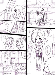 Rule 34 | 2girls, bike shorts, cellphone, comic, fangs, highres, inkling, inkling girl, inkling player character, judd (splatoon), long hair, monochrome, multiple girls, musical note, nintendo, octoling, open mouth, phone, pillow, pointy ears, quaver, shoes, sneakers, splatoon (series), splatoon 1, takozonesu, tentacle hair, text focus, traditional media, translation request, yoshida inuhito