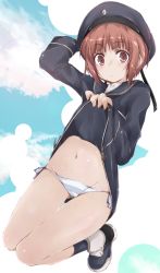 Rule 34 | 10s, 1girl, brown eyes, brown hair, clothes lift, gradient background, hat, kantai collection, lifting own clothes, looking at viewer, navel, panties, sailor hat, shoes, short hair, side-tie panties, skirt, skirt lift, solo, striped clothes, striped panties, underwear, yumesato makura, z3 max schultz (kancolle)