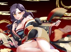 Rule 34 | 1girl, alternate costume, azur lane, bare shoulders, black hair, black kimono, breasts, circlet, cleavage, collarbone, commission, commissioner upload, cosplay, crossover, earrings, fingernails, fire emblem, fire emblem: the blazing blade, folding fan, friedrich der grosse (azur lane), friedrich der grosse (azur lane) (cosplay), friedrich der grosse (dark raiments of gagaku) (azur lane), friedrich der grosse (dark raiments of gagaku) (azur lane) (cosplay), fur-trimmed kimono, fur trim, hand fan, highres, holding, holding fan, japanese clothes, jewelry, kimono, large breasts, lipstick, long fingernails, long hair, looking at viewer, low neckline, makeup, mature female, mu tu bu, nabatame hitomi, nail polish, new year, nintendo, non-web source, off shoulder, panties, panty peek, pixiv commission, purple panties, red nails, red sash, sash, smile, solo, sonia (fire emblem: the blazing blade), thighs, underwear, voice actor connection, yellow eyes
