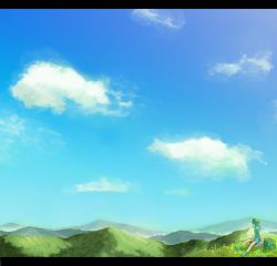 Rule 34 | 1girl, adapted costume, backpack, bad id, bad pixiv id, bag, blouse, blue hair, blue sky, boots, cloud, day, female focus, flower, hair bobbles, hair ornament, hat, kawashiro nitori, landscape, letterboxed, looking away, mountain, nature, randoseru, rock, scenery, shirt, short sleeves, sitting, skirt, sky, solo, tks (526tks), touhou, twintails, two side up