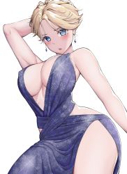 Rule 34 | 1girl, :o, absurdres, arm behind head, bare shoulders, blonde hair, blue dress, blue eyes, blush, breasts, cleavage, covered erect nipples, cowboy shot, curvy, dress, earrings, forehead, from below, highres, himeliofon, jewelry, large breasts, leaning forward, looking at viewer, mole, mole under eye, open mouth, original, parted bangs, plunging neckline, shiny clothes, short hair, simple background, white background