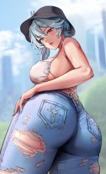 Rule 34 | 1girl, ass, bare shoulders, blue hair, blue nails, blurry, blurry background, breasts, denim, earrings, eula (genshin impact), foxyreine, genshin impact, hair between eyes, highres, jeans, jewelry, large breasts, medium hair, multicolored eyes, nail polish, open mouth, pants, sideboob, yellow eyes
