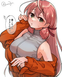 Rule 34 | 1girl, akashi (kancolle), alternate costume, blunt tresses, breasts, commentary request, green eyes, grey shirt, hair ribbon, highres, jumpsuit, kantai collection, large breasts, long hair, long sleeves, looking at viewer, matsunaga (haku), open jumpsuit, orange jumpsuit, pink hair, ribbon, shirt, sleeveless, sleeveless shirt, solo, translated, tress ribbon, twitter username, upper body