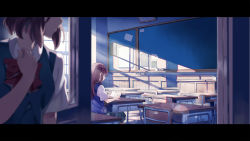 Rule 34 | 2girls, blue skirt, blue vest, book, brown hair, chair, chalkboard, cheese kang, classroom, collared shirt, desk, hand on own chest, head out of frame, highres, holding, holding book, indoors, lens flare, letterboxed, light rays, long hair, looking at another, multiple girls, on desk, original, pleated skirt, reading, red neckwear, school chair, school desk, school uniform, shirt, short hair, short sleeves, sitting, skirt, standing, sunbeam, sunlight, vest, white shirt, window, window shadow, yuri