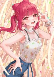 Rule 34 | 1girl, ;d, armpits, artist request, belt buckle, blush, bow, bra, buckle, collarbone, commentary, confetti, fang, frills, fruit pattern, hair bow, hair ornament, hand on own hip, heart, heart hands, highres, komurasaki kuo, long hair, long sleeves, looking at viewer, nail polish, one eye closed, open mouth, pale skin, pink eyes, pink hair, project luminasys, ribbon, shirt, shirt tucked in, shorts, simple background, smile, solo, star (symbol), star hair ornament, twintails, underwear, very long hair, wrist ribbon