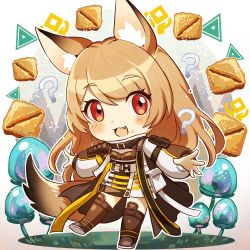 Rule 34 | 1girl, :d, ?, animal ear fluff, animal ears, arknights, baklava, blush, boots, brown footwear, brown hair, ceobe (arknights), commentary request, fang, food, food on face, full body, hair between eyes, highres, jacket, knee boots, long hair, long sleeves, looking at viewer, nicole (lion), open mouth, puffy long sleeves, puffy sleeves, red eyes, shoe soles, smile, solo, standing, standing on one leg, tail, upper body, very long hair, white background, white jacket