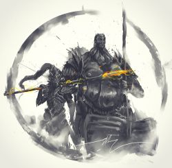 Rule 34 | 2boys, armor, breastplate, closed mouth, dark souls (series), dark souls i, dragon slayer ornstein, executioner smough, full armor, gauntlets, hammer, helmet, highres, holding, holding hammer, holding polearm, holding spear, holding weapon, multiple boys, pauldrons, plume, polearm, shimhaq, shoulder armor, spear, standing, weapon
