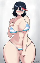 1girl allbeatnik bikini blue_eyes blush breasts cameltoe curvy female_focus highres kill_la_kill large_breasts looking_at_viewer matoi_ryuuko multicolored_hair navel short_hair solo streaked_hair sweat swimsuit thick_thighs thighs wide_hips