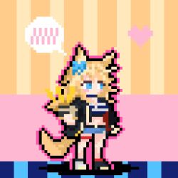 Rule 34 | 1girl, animal ears, bandeau, black jacket, blonde hair, blue bow, blue eyes, bow, commentary request, denim, denim shorts, full body, gold city (umamusume), hair bow, heart, horse ears, jacket, kamuno, long hair, midriff, open clothes, open jacket, pixel art, short shorts, shorts, solo, standing, strapless, striped bandeau, tail, thigh strap, tube top, umamusume